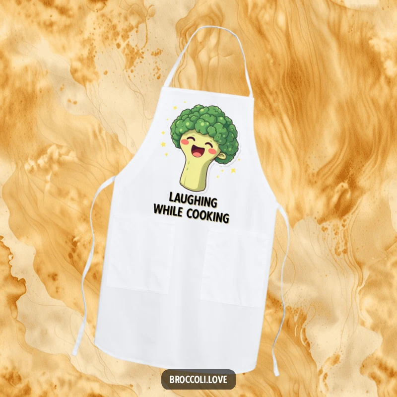 Funny apron with a broccoli head erupting in laughter, surrounded by sparkling dots, perfect for cooking and spreading cheer.