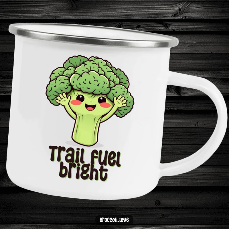 Funny broccoli camping mug with smiling florets and tiny waving arms, for outdoor enthusiasts who love healthy fun.