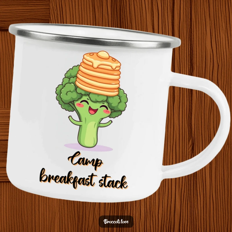 Funny broccoli floret giggling with pancakes on its head, a durable and humorous camping mug for outdoor breakfast enjoyment.