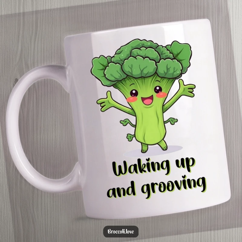 Funny mug showcasing a delighted broccoli stalk with leafy arms joyfully dancing, embodying pure veggie happiness.