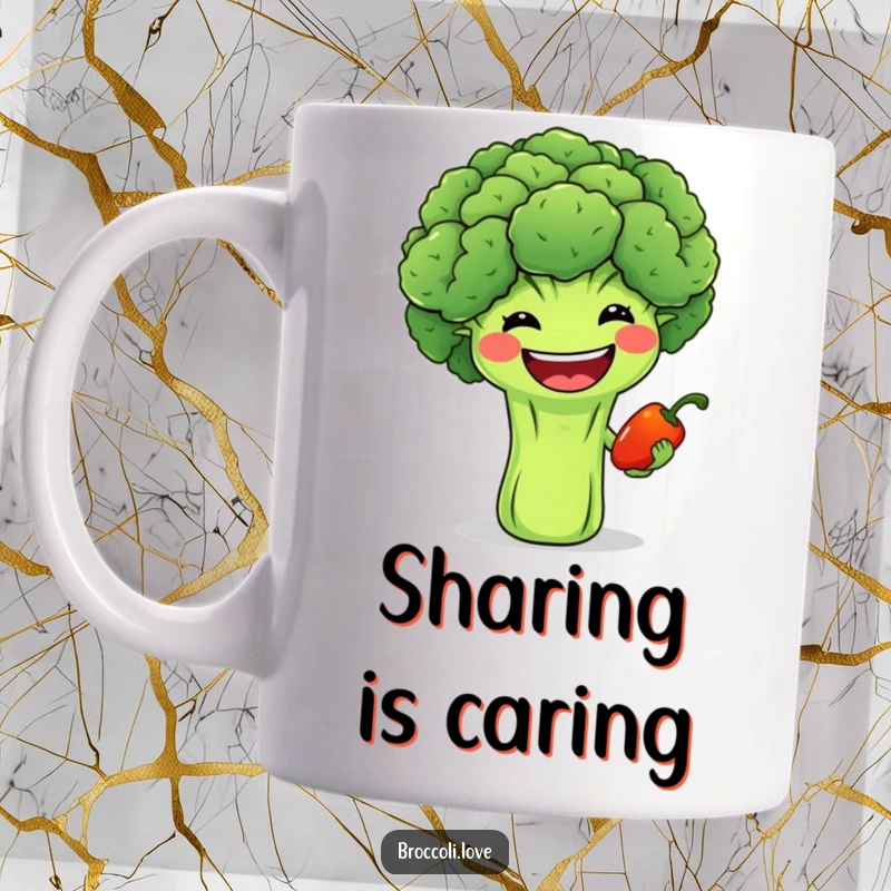 Funny mug with a wide-grinning broccoli offering a small smiling pepper, symbolizing friendship and veggie cheer.