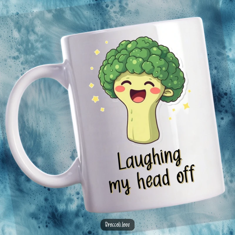 Funny mug depicting a broccoli head overcome with laughter, surrounded by sparkling dots, embodying pure, infectious veggie mirth.