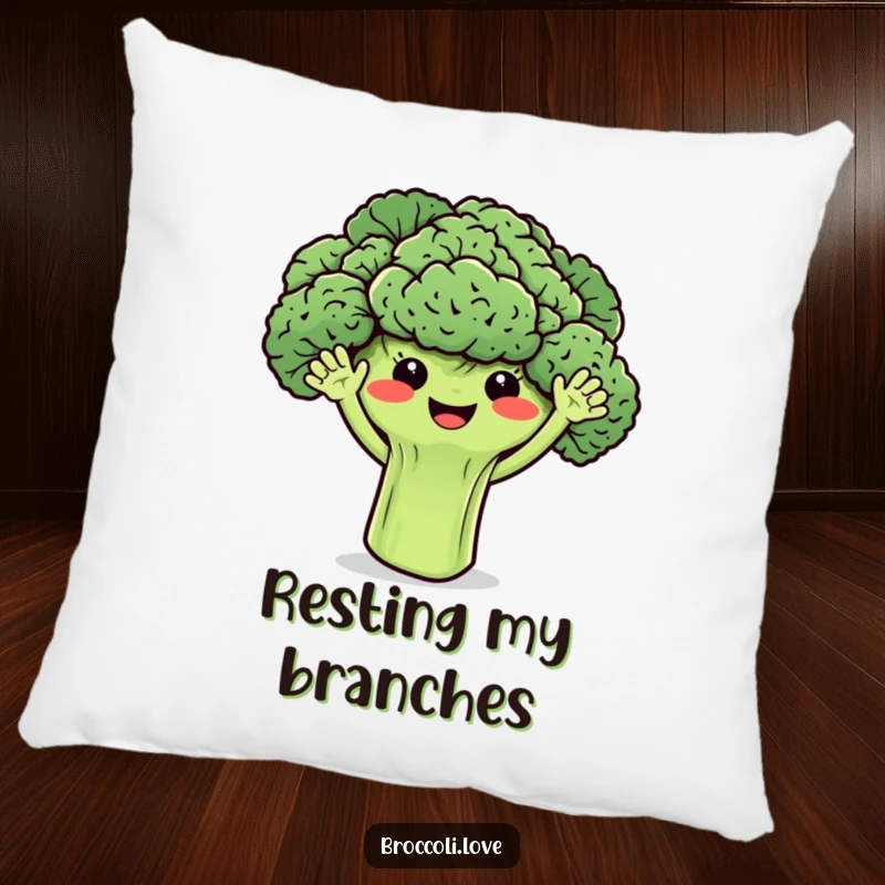 Funny broccoli pillow featuring smiling florets with tiny waving arms, providing comfort and a dose of veggie cheer.