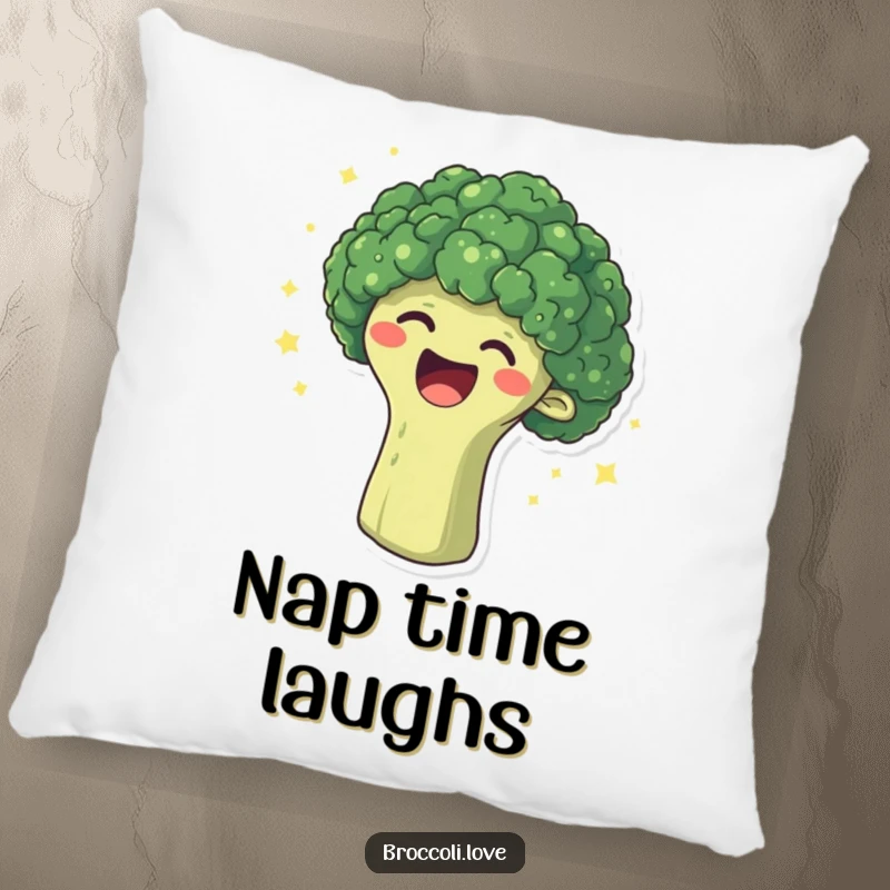 Funny pillow featuring a broccoli head erupting in laughter, surrounded by sparkling dots, offering comfort and cheerful mirth.
