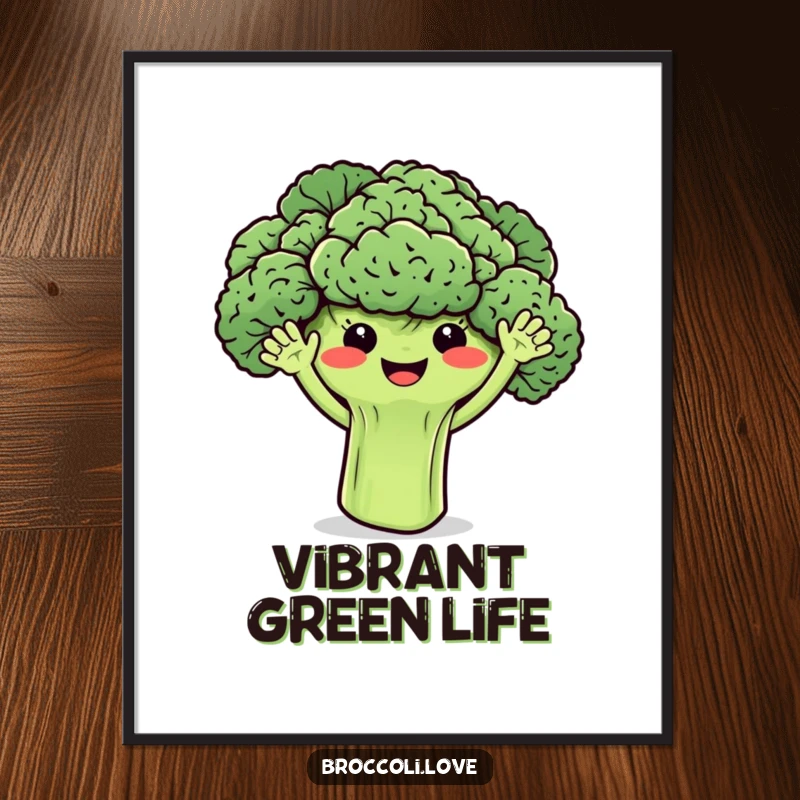Funny broccoli digital art print of smiling florets with tiny waving arms, radiating joy and a love for healthy food.