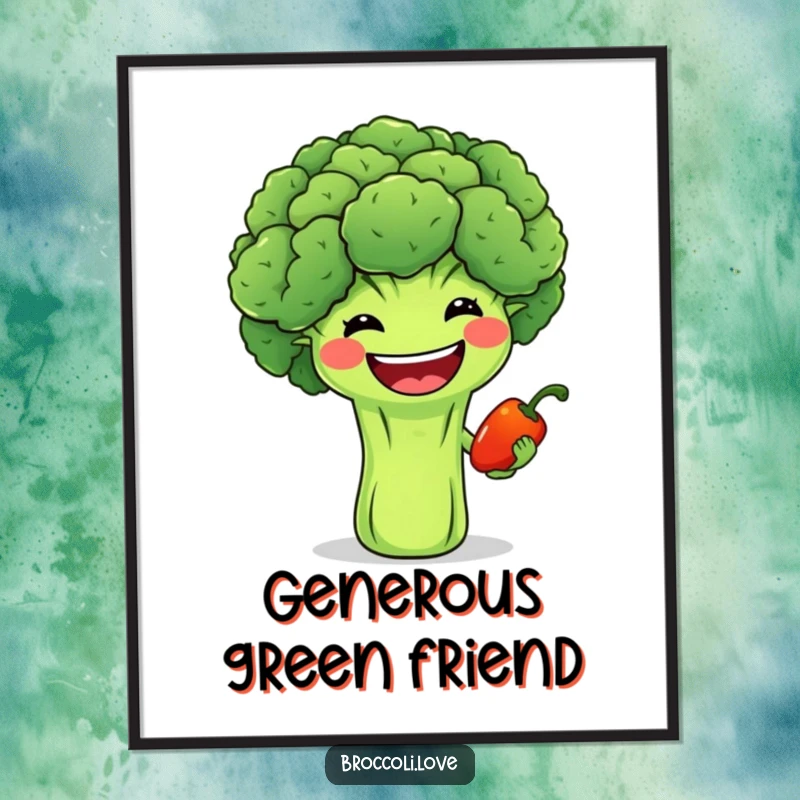 Funny digital art print of a joyful broccoli with a wide grin offering a tiny smiling pepper, perfect for friendly decor.