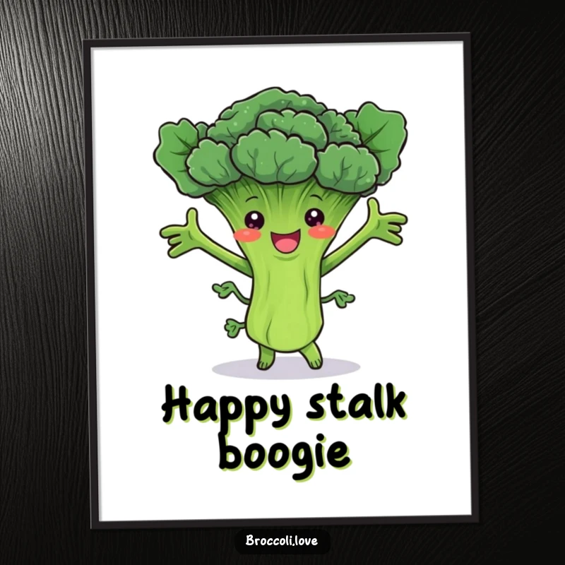 Funny digital art print of a joyful broccoli stalk with leafy arms joyfully dancing, perfect for lively decor.
