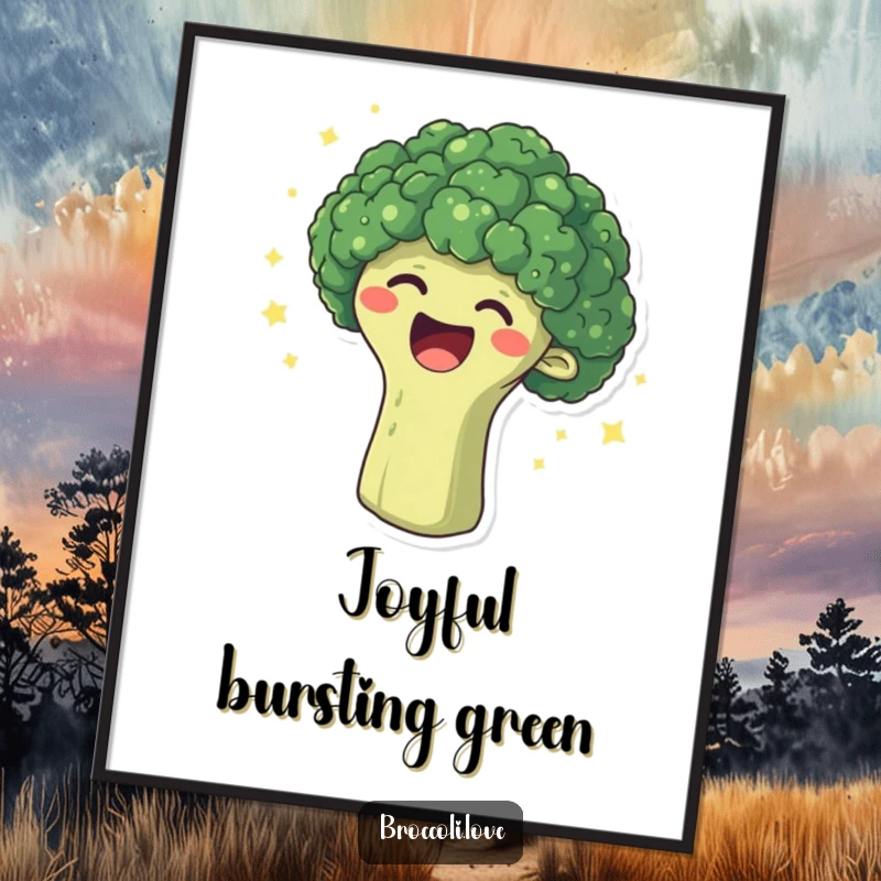 Funny digital art print of a broccoli head overcome with laughter, surrounded by sparkling dots, perfect for joyful decor.