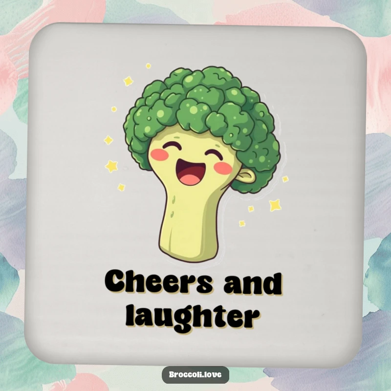 Funny coaster with a broccoli head erupting in laughter, surrounded by sparkling dots, protecting surfaces with pure mirth.