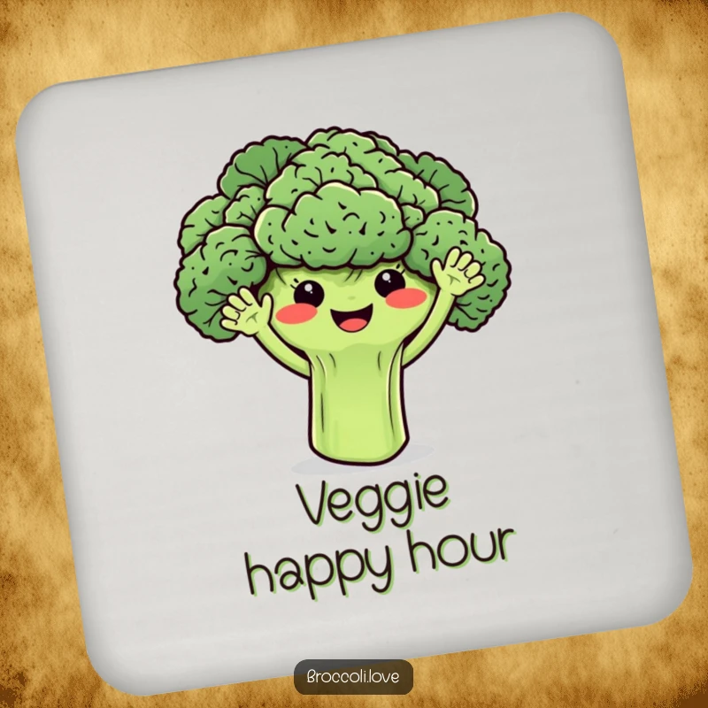 Funny broccoli coaster featuring smiling florets with tiny waving arms, adding a touch of veggie joy to table settings.