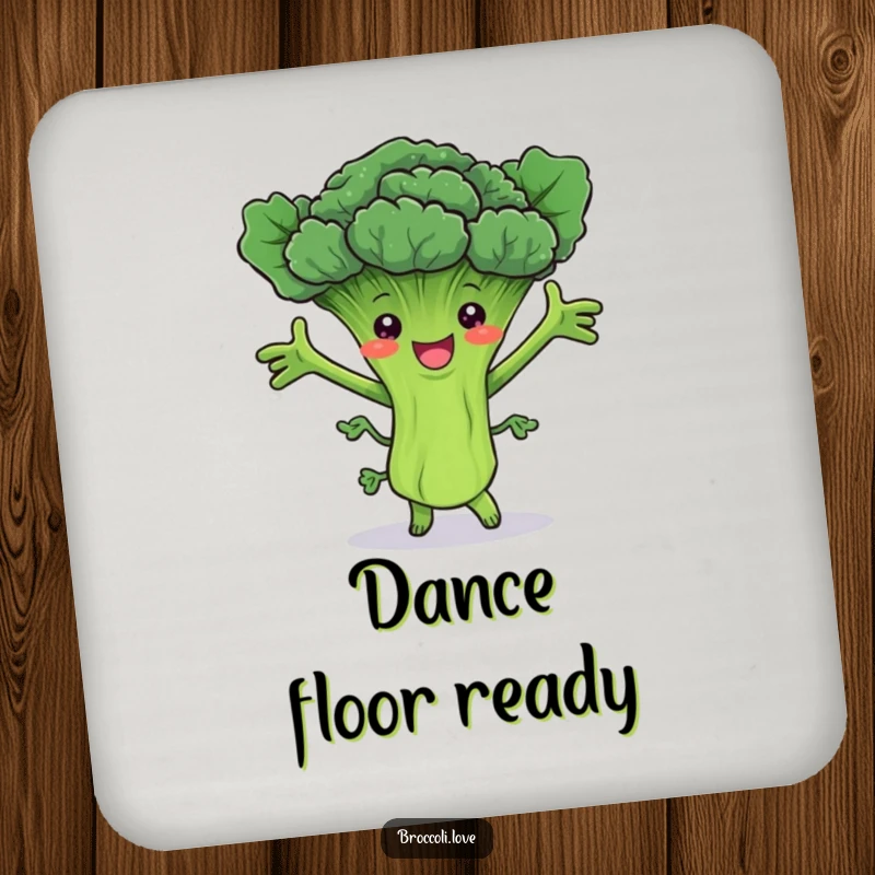 Funny coaster with a cheerful broccoli stalk joyfully dancing with leafy arms, protecting surfaces with a fun vibe.