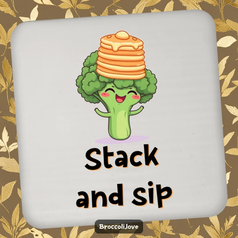 Funny broccoli floret giggling while balancing a stack of pancakes on its head, a humorous and functional drink coaster.