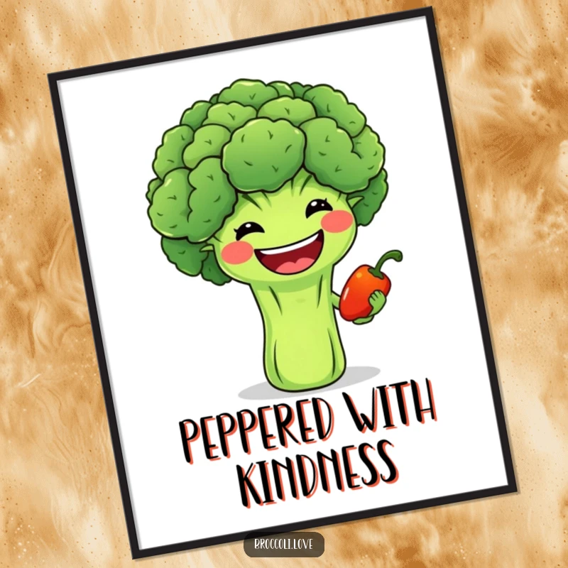 Funny poster art of a cheerful broccoli with a broad grin offering a tiny smiling pepper, symbolizing happy veggie connections.
