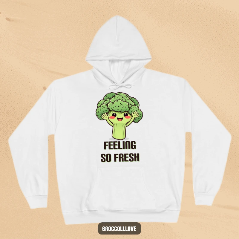 Funny broccoli hoodie featuring smiling florets with tiny waving arms, offering warmth and a dose of veggie cheer.