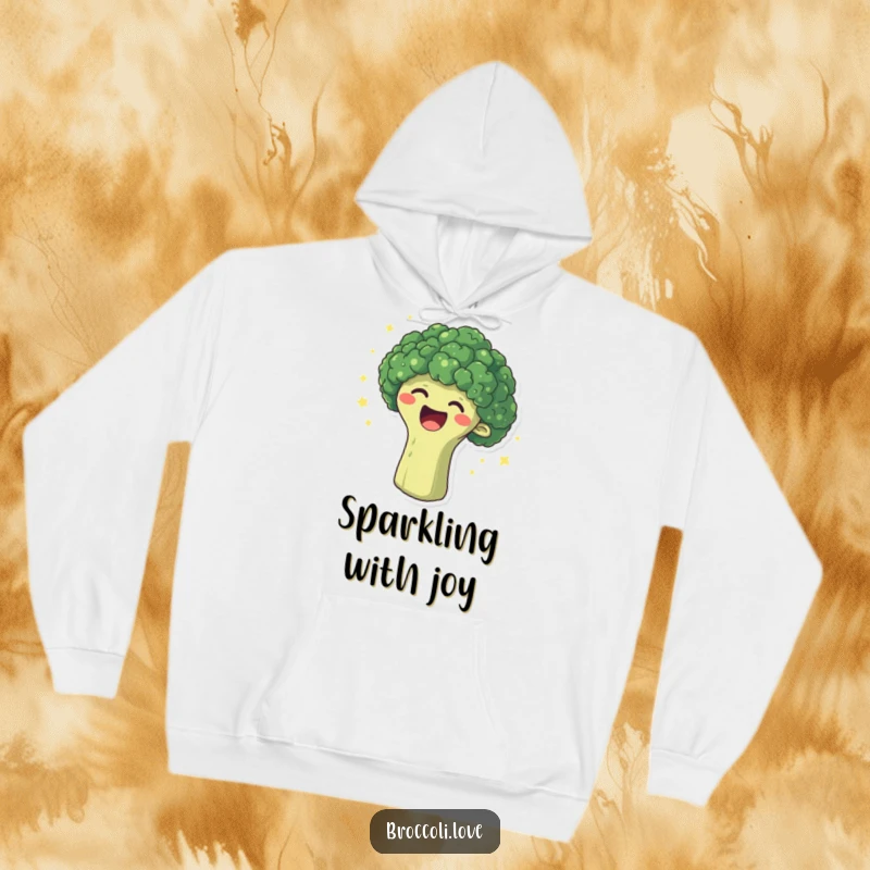 Funny hoodie depicting a happy broccoli head erupting in laughter, surrounded by sparkles, offering cozy comfort and pure mirth.