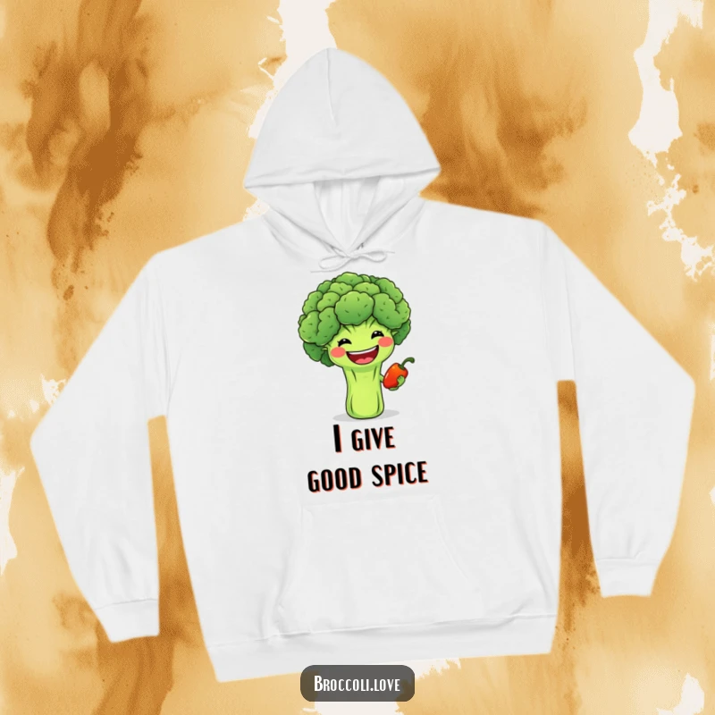 Funny hoodie showcasing a happy broccoli with a wide smile offering a tiny pepper, providing cozy comfort and veggie friendship.