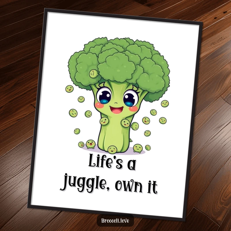 Funny Free Printable Wall Art featuring a broccoli with big eyes joyfully juggling smiling peas, a fun downloadable piece.