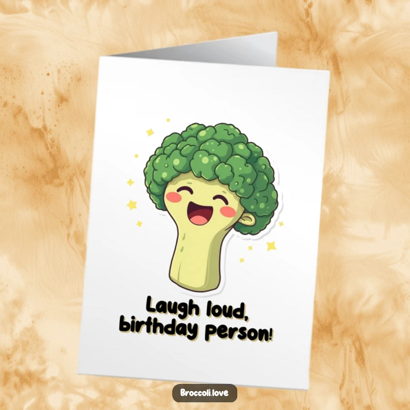 Funny Free Printable Birthday Card of a broccoli head laughing uncontrollably with sparkling dots, a joyous downloadable gift.