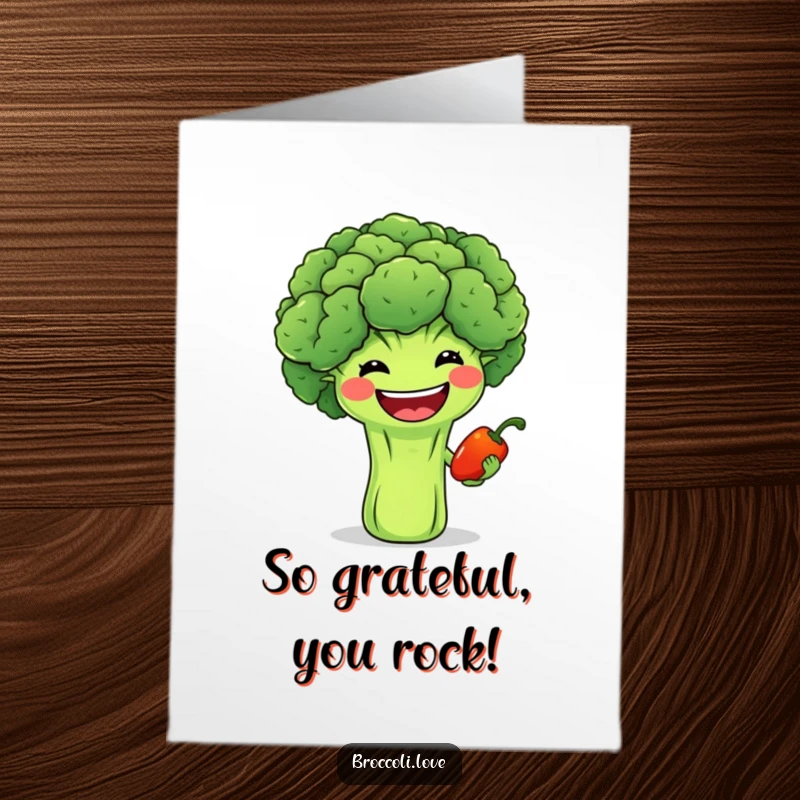 Funny Free Printable Thank You Card of a broccoli smiling and sharing a pepper, a kind downloadable gift.