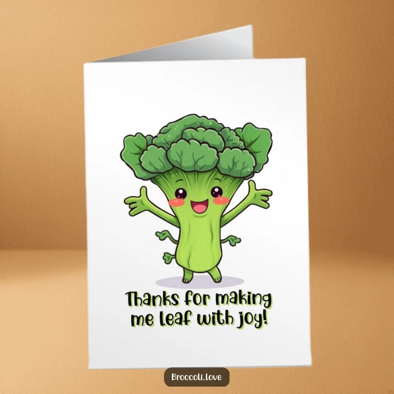 Funny Free Printable Thank You Card of a broccoli stalk dancing with joy, a delightful downloadable gift.