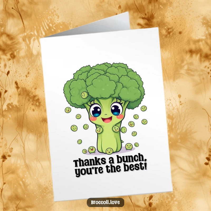 Funny Free Printable Thank You Card of a broccoli juggling tiny peas with a wide smile, a thoughtful downloadable gift.