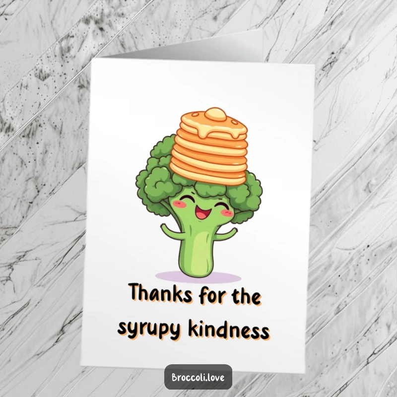 Funny Free Printable Thank You Card: Broccoli floret giggling while balancing a stack of pancakes on its head, expressing thanks.