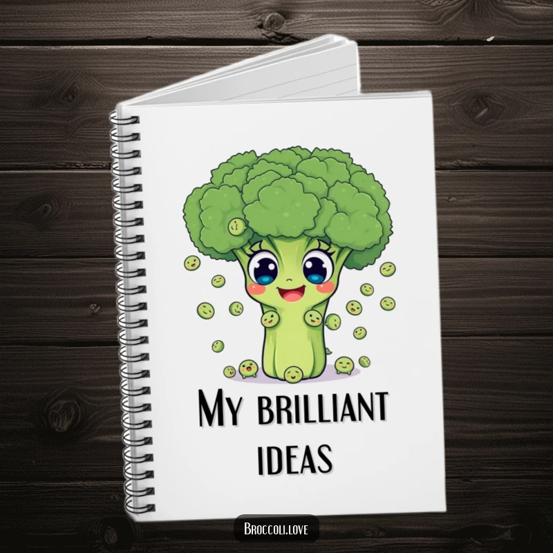 Funny notebook featuring a cheerful broccoli with big eyes happily juggling tiny smiling peas, inspiring notes and doodles.