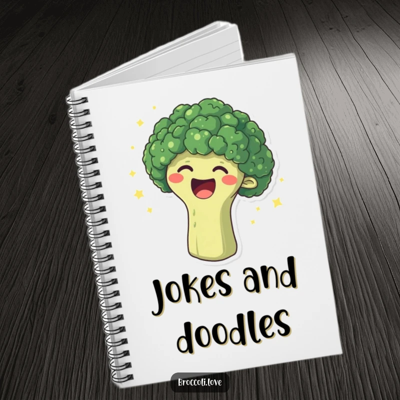 Funny notebook with a broccoli head overcome with laughter, surrounded by sparkling dots, inspiring hilarious notes.
