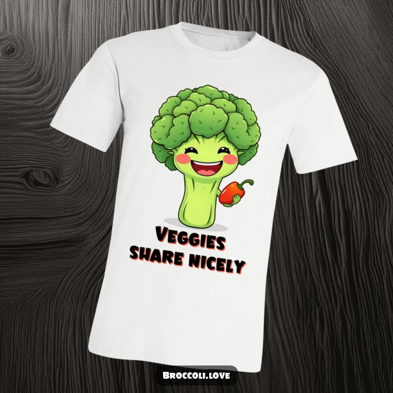 Funny t-shirt depicting a cheerful broccoli with a wide grin offering a tiny smiling pepper, a symbol of veggie camaraderie.