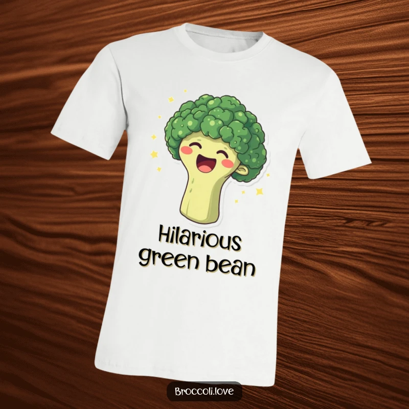 Funny t-shirt showing a broccoli head in fits of laughter, surrounded by sparkling dots, radiating pure veggie delight.