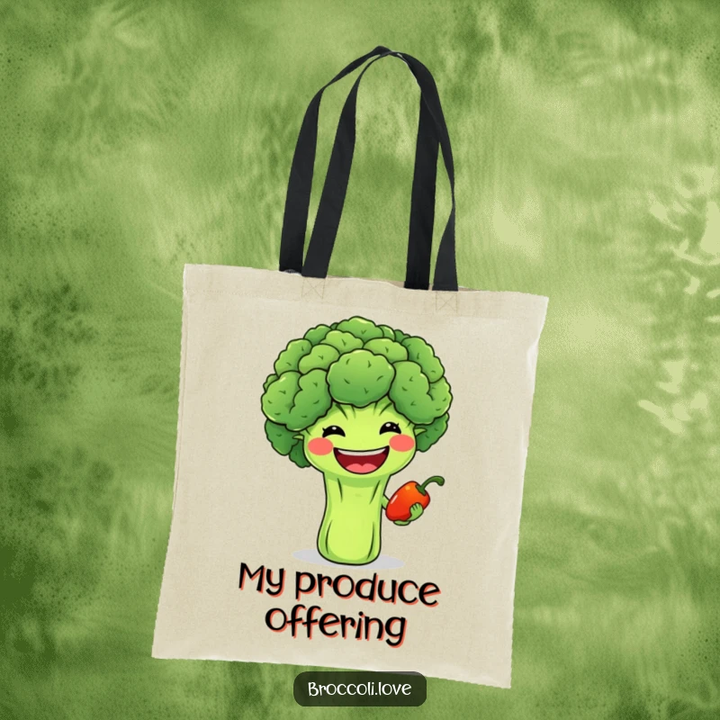 Funny tote bag with a wide-grinning broccoli offering a small smiling pepper, perfect for carrying essentials with a friendly vibe.