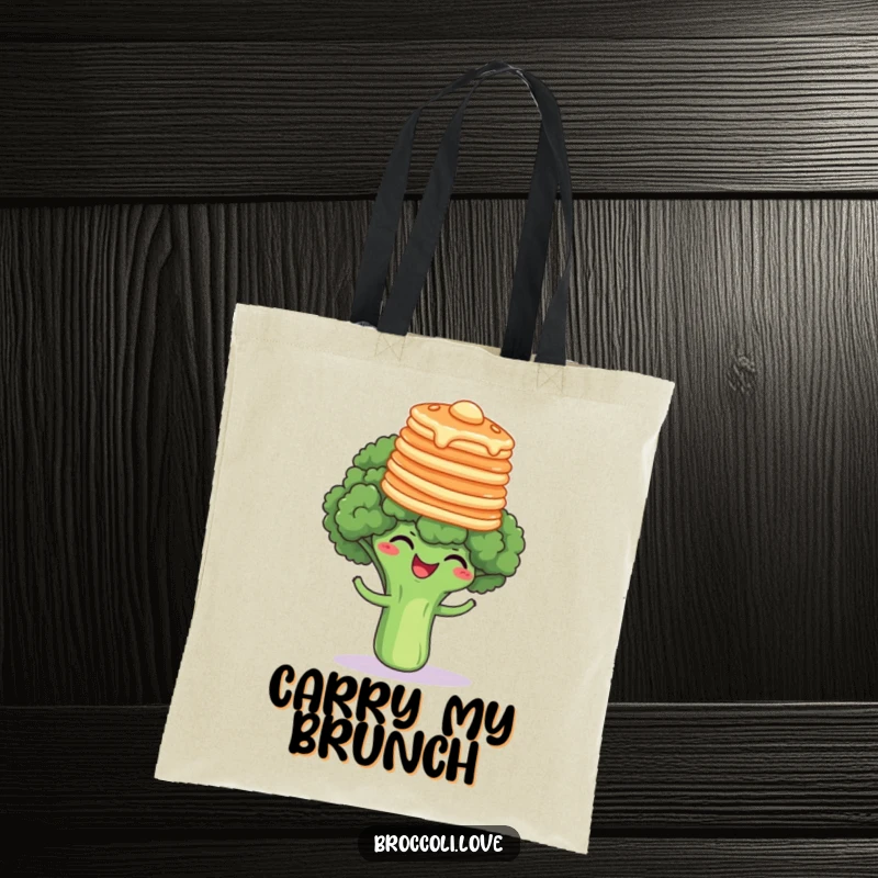 Funny broccoli floret giggling with pancakes balanced on its head, a humorous and functional tote bag for food lovers.
