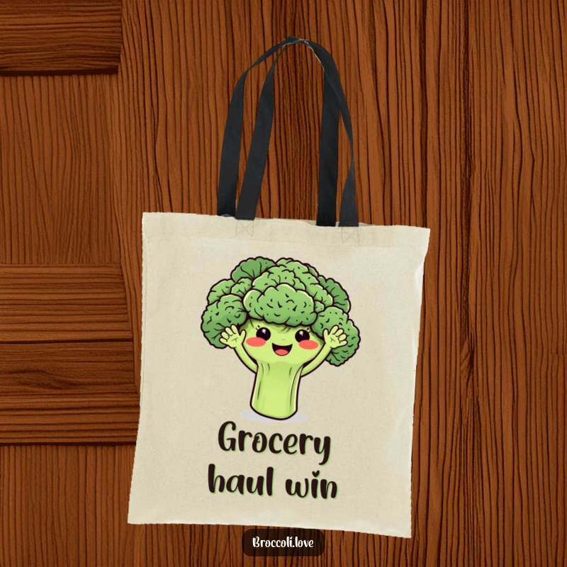 Funny broccoli tote bag with smiling florets and tiny waving arms, perfect for carrying essentials with enthusiasm.