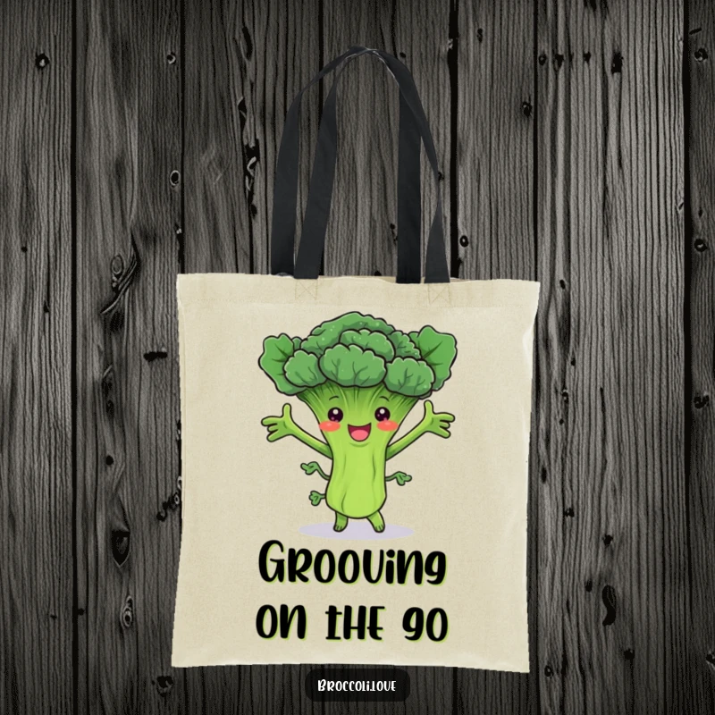 Funny tote bag featuring a delighted broccoli stalk dancing with leafy arms outstretched, perfect for carrying essentials cheerfully.